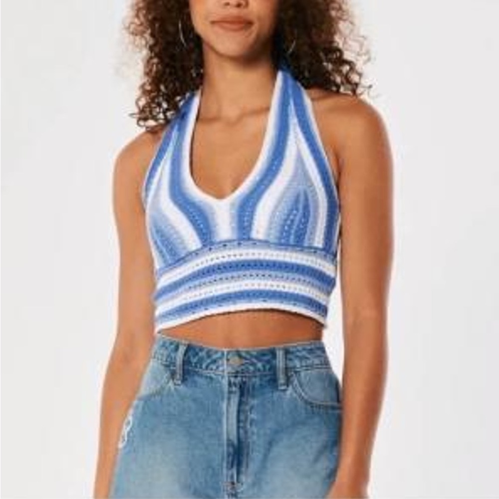 NWT Hollister blue and white crochet halter top